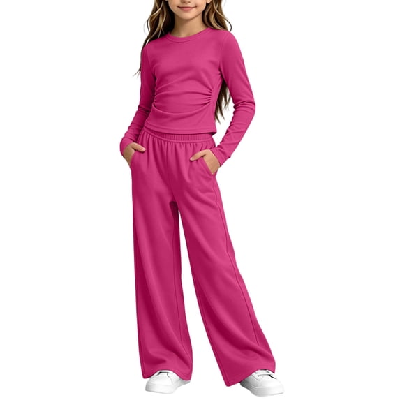 OGLCCG Girls 2 Piece Outfit Set, Ruched Long‑Sleeve Crop Top and Elastic Waist Wide Leg Pants Casual Tracksuit for Girls(Hot Pink,9-10 Years)