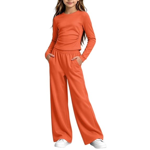OGLCCG Girls 2 Piece Outfit Set, Ruched Long‑Sleeve Crop Top and Elastic Waist Wide Leg Pants Casual Tracksuit for Girls(Orange,14-15 Years)