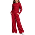 thumbnail image 1 of OGLCCG Girls 2 Piece Outfit Set, Ruched Long‑Sleeve Crop Top and Elastic Waist Wide Leg Pants Casual Tracksuit for Girls(Red,5-6 Years), 1 of 6