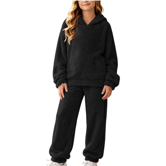 OGLCCG Girls 2 Piece Outfit Set, Winter Soft Sherpa Fleece Hooded Pullover Top and Jogger Pants Cozy Plush Loungewear Tracksuit for Girls(Black,7-8year)
