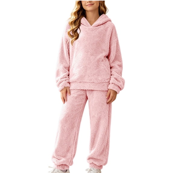 OGLCCG Girls 2 Piece Outfit Set, Winter Soft Sherpa Fleece Hooded Pullover Top and Jogger Pants Cozy Plush Loungewear Tracksuit for Girls(Pink,9-10year)