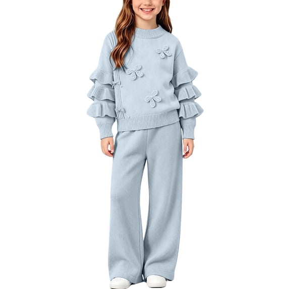 OGLCCG Girls 2 Piece Outfit Winter Long Sleeve Knitted Sweaters and Wide Leg Pants Kids Girl Clothing Sets,Size 1-8