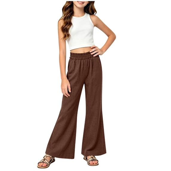 OGLCCG Girls 2 Piece Outfits 4-14 Years Kids Sleeveless Crop Tank Tops and Cotton Linen Flare Pants with Pockets Teens Summer Cute Clothes Sets