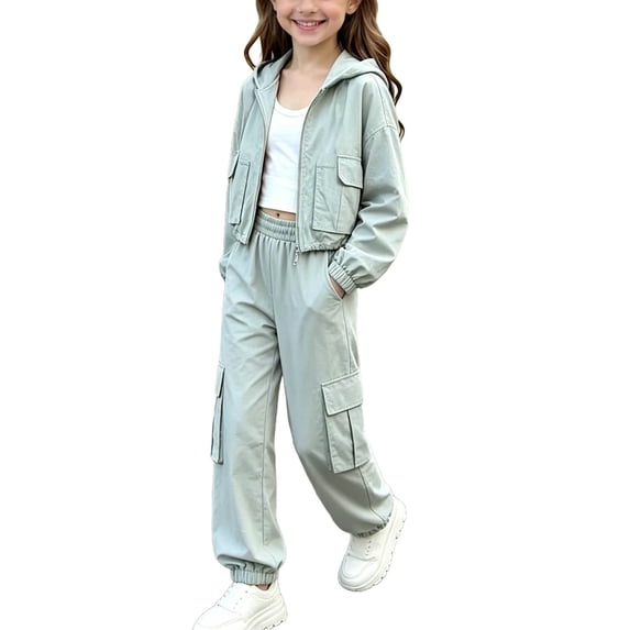 OGLCCG Girls 2 Piece Outfits Loose Long Sleeve Full Zip Hooded Jackets with Cargo Pants Baggy Tracksuit Sets for Girls 5-15 Years