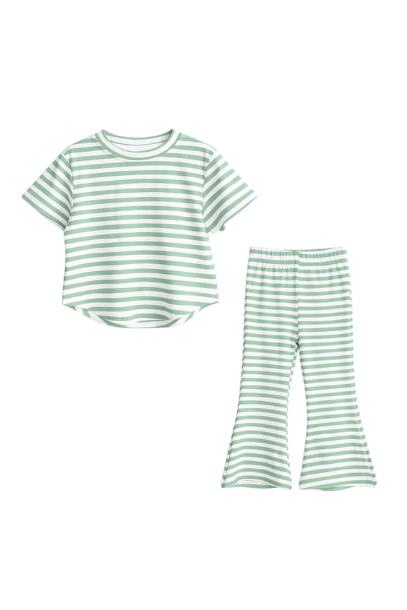 Girls 2-Piece Outfits Short Sleeve Crewneck Striped Top and Flared Pants Kids Summer Lounge Clothing Set 1-9 Years