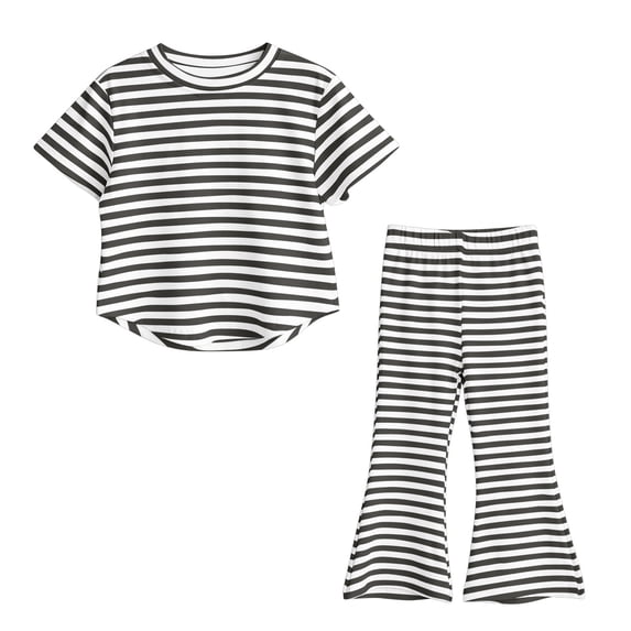 OGLCCG Girls 2-Piece Outfits Short Sleeve Crewneck Striped Top and Flared Pants Kids Summer Lounge Clothing Set 1-9 Years