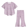 thumbnail image 1 of OGLCCG Girls 2-Piece Outfits Short Sleeve Crewneck Striped Top and Flared Pants Kids Summer Lounge Clothing Set 1-9 Years, 1 of 7