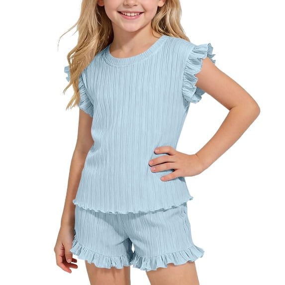 OGLCCG Girls 2 Piece Outfits Summer Ruffle Short Sleeve T-Shirts and Shorts Sets Ice Silk Sport Suits 1-10 Years
