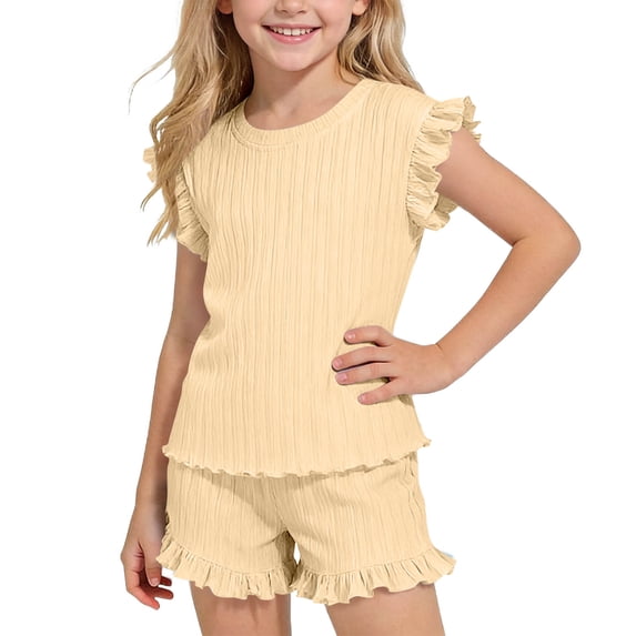 OGLCCG Girls 2 Piece Outfits Summer Ruffle Short Sleeve T-Shirts and Shorts Sets Ice Silk Sport Suits 1-10 Years