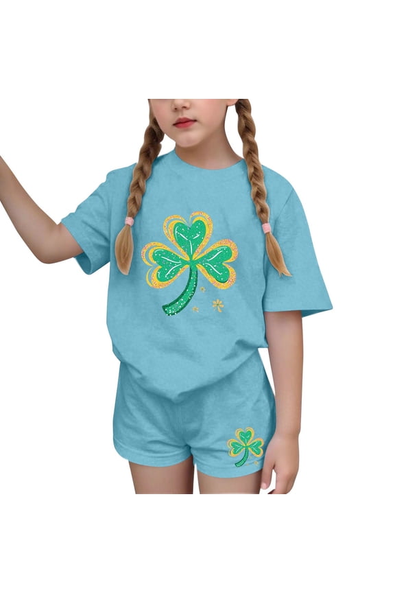 Girls 2 Piece Outfits Teen Kids St Patrick's Day Short Sleeve Crewneck Tees Tops and Shorts Casual Summer Clothing Sets 4-15 Years