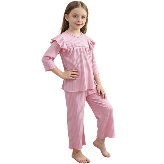 OGLCCG Girls 2 Piece Pajamas Sets Ruffle Trim Long Sleeve Pullover Sleepwear Tops and Long Pants Spring Fall Solid Color Loungwear Sets 1-10 Years