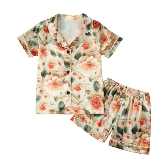 OGLCCG Girls' 2-Piece Satin Pajama Set Short Sleeve Silky Button Down Top and Shorts Hearts Printed Soft and Cozy Sleepwear for Girls 2-8 Years