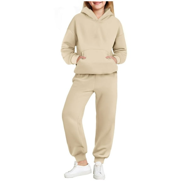 OGLCCG Girls 2 Piece Tracksuit Outfits Drop Shoulder Long Sleeve Hoodie and Sweatpants Lightweight Fleece Lined Sweatshirt Set with Pockets 4-15 Years