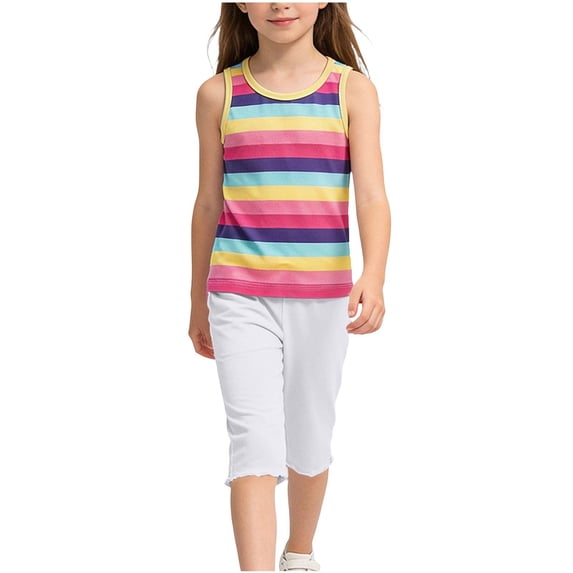 OGLCCG Girls 2 Pieces Outfits Summer Striped Sleeveless Tank Tops and Capri Pants Casual Matching Vacation Beach Lounge Sets 1-12 Years