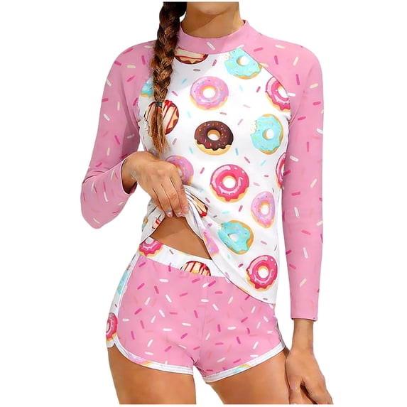 OGLCCG Girls 2 Pieces Rash Guard Swimsuit Long Sleeve Tankini Bathing Suit Strawberry Printed UPF 50+ Summer Beach Swimwear 8-15 Years