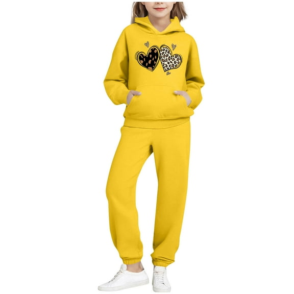 OGLCCG Girls 2 Pieces Sweatsuit Sets Cute Cheetah Hearts Print Fleece Lined Hoodie and Jogger Pants with Pockets Casual Tracksuit Sets 2-14 Years