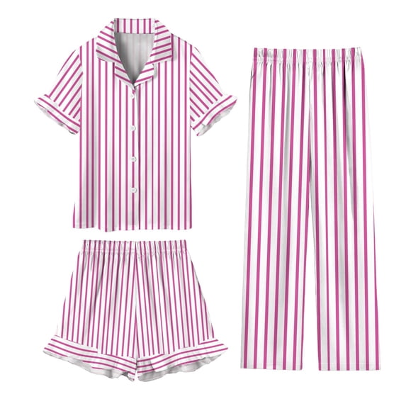 OGLCCG Girls 3 Piece Pajama Sets Button Down Short Sleeve Top Shorts & Long Pants Striped Sleepwear Lounge Sets Nighty For Teens 5-14 Years