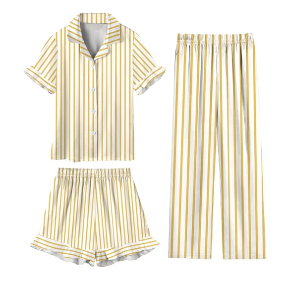 OGLCCG Girls 3 Piece Pajama Sets Button Down Short Sleeve Top Shorts & Long Pants Striped Sleepwear Lounge Sets Nighty For Teens 5-14 Years