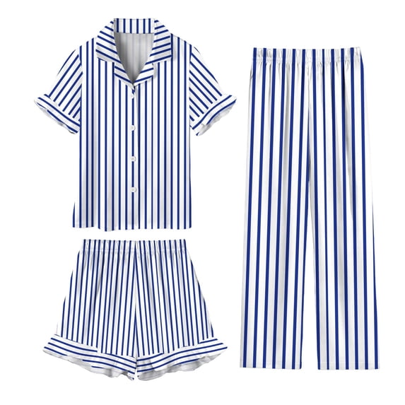 OGLCCG Girls 3 Piece Pajama Sets Button Down Short Sleeve Top Shorts & Long Pants Striped Sleepwear Lounge Sets Nighty For Teens 5-14 Years