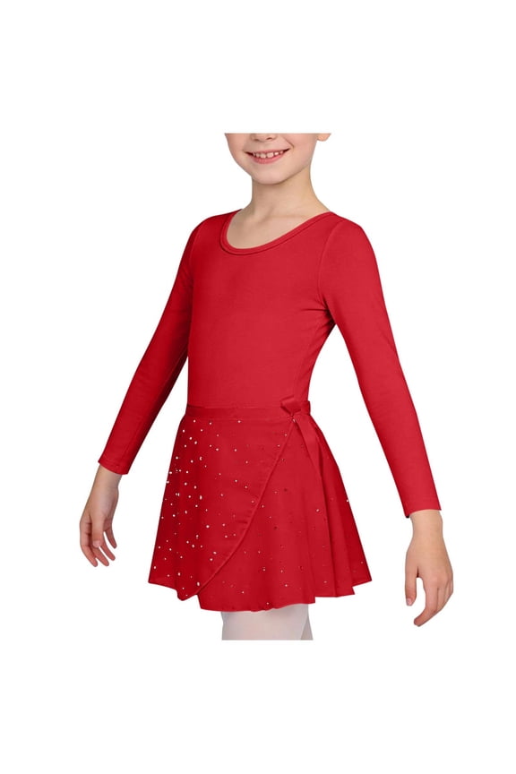 Girls Ballet Leotards 2Pcs Long Sleeve Dance Dresses with Removable Wrap Skirts Soft Stretch Ballerina Outfit for Kids 3-12 Years