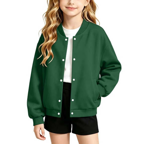 OGLCCG Girls Bomber Jackets Lightweight Button Down Kids Varsity Jacket School Uniform Baseball Jacket with Pockets 4-15 Years