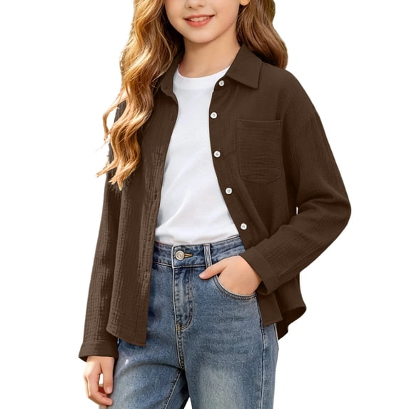 OGLCCG Girls Button Down Shirts Long Sleeve Cotton Gauze Tops Loose Fit Casual Lapel Collared Blouses with Chest Pocket 3-14 Years