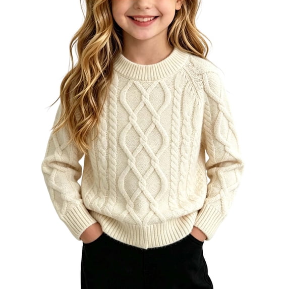 OGLCCG Girls Cable Knit Sweater Long Sleeve Crewneck Soft Pullover for Tween Warm Casual Fall Winter School Top(White,5-6Years)