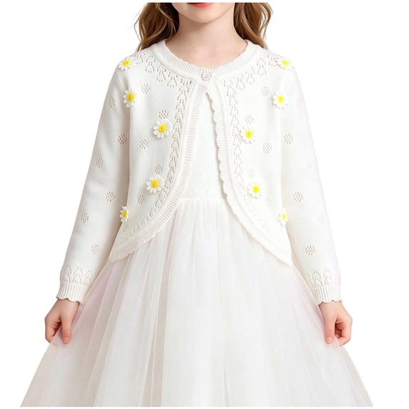 OGLCCG Girls Cardigan, Girls Open Front Bolero Shrug Sweater, Kids Knit Hollow Out Long Sleeve Button Cover Up Cropped Tops 6M-10T