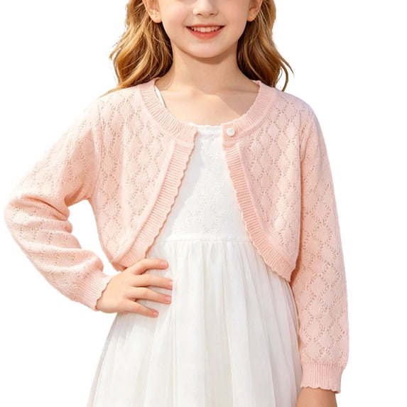 OGLCCG Girls Cardigan Toddler Girls Bolero Shrug Hollow Out Long Sleeve Button Closure Size Knit Sweater Crop Jacket 6M-9T
