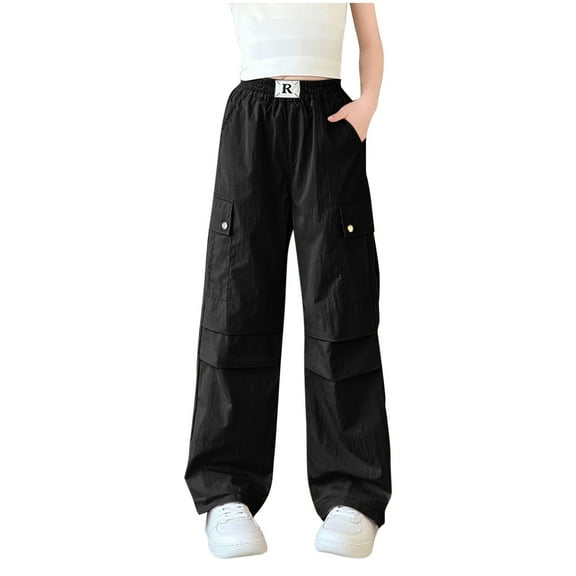 OGLCCG Girls Cargo Pants Elastic Waist Wide Leg Streetwear Kids Sweatpants with Pockets Trendy Jogger Trousers Size 6-16 Years