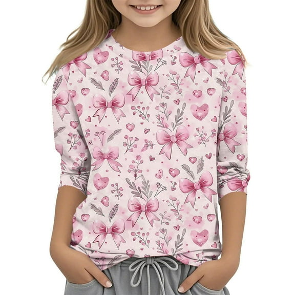 OGLCCG Girls Casual 3/4 Sleeve T Shirts Kids Crewneck Tops Comfortable Bow Knot Print Fashion Tunic Tees Size 3-12 Years