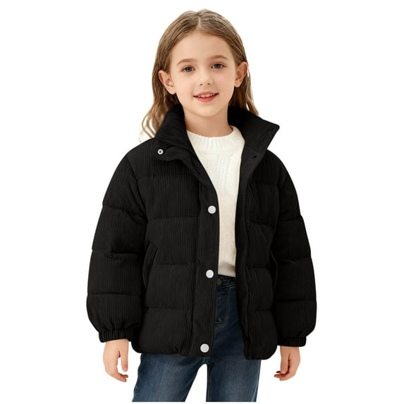 OGLCCG Girls Corduroy Puffer Jacket Kids Full Zip Thicked Warm Long Sleeve Quilted Down Coat Solid Color Outdoor Winter Thermal Outerwear 1-7 Years