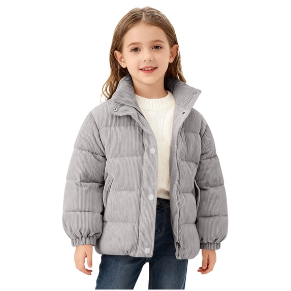 OGLCCG Girls Corduroy Puffer Jacket Kids Full Zip Thicked Warm Long Sleeve Quilted Down Coat Solid Color Outdoor Winter Thermal Outerwear 1-7 Years