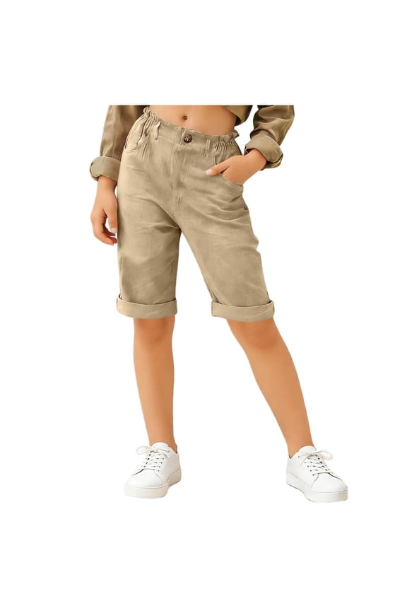Girls Cotton Linen Bermuda Shorts Summer Casual Elastic Waist Knee Length Gym Shorts with Pockets Straight Leg School Shorts 5-16 Year
