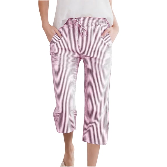 OGLCCG Girls Cotton Linen Capri Pants Lightweight Summer Striped Cropped Pants for Kids Straight Leg Beach Pants with Pockets 4-14 Years