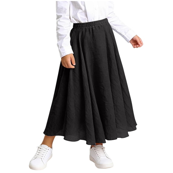 OGLCCG Girls Cotton Linen Maxi Skirts High Waist Pleated A-Line Flowy Swing Long Skirts Solid Color Summer Boho Beach Skirts 4-15 Years