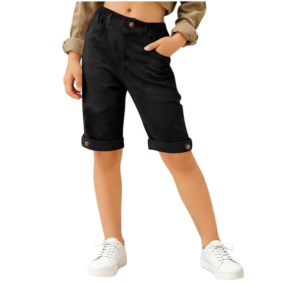 OGLCCG Girls Cotton Linen Shorts Summer Straight Leg Casual Capri Pants with Pockets Kids Hiking Vacation Beach Bermuda Shorts 5-16 Years