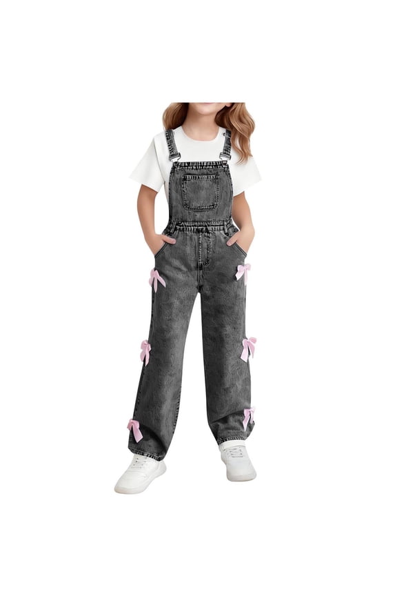 Girls Denim Bib Overalls Bow Patchwork Straight Leg Adjustable Straps Jumpsuit Trendy Baggy Dungarees Jean Pants With Pockets 6-14 Years