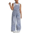 thumbnail image 1 of OGLCCG Girls Denim Bib Overalls Star Patchwork Straight Leg Adjustable Straps Stretchy Jean Jumpsuit Trendy Dungarees Pants With Pockets 6-13Years, 1 of 7