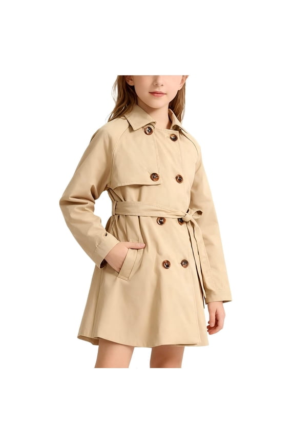 Girls Double-Breasted Trench Coat Windproof Classic Lapel Button Overcoat with Belt Buckle Lightweight Outerwear with Pockets 1-13 Years