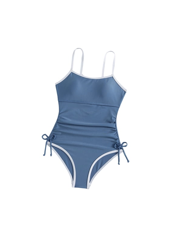 Girls Drawstring Swimsuit with Padded One Piece Bathing Suit Summer Color Block Strap Swimwear for Teens 7-16 Years