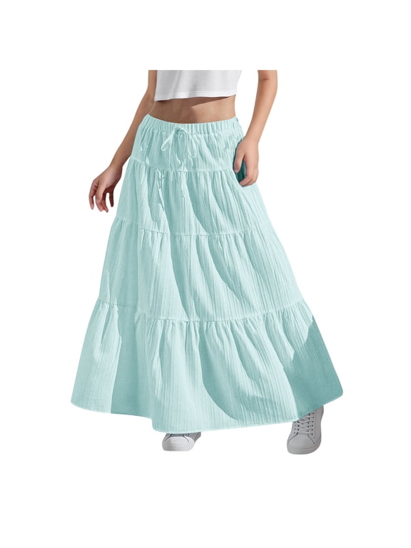 Girls Elastic High Waist Maxi Skirt Boho A-Line Tiered Pleated Long Skirts Solid Color Lightweight Summer Ruffled Skirts 4-15 Years