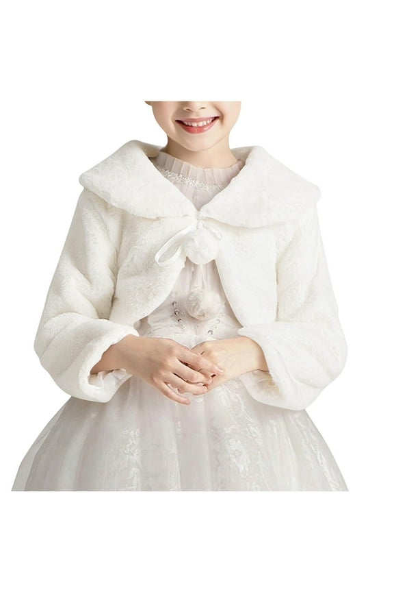 Girls Faux Fur Bolero Fuzzy Fleece Princess Shawl Wraps Coat Long Sleeve Wedding Party Dress Shrug Jacket 1-16 Years