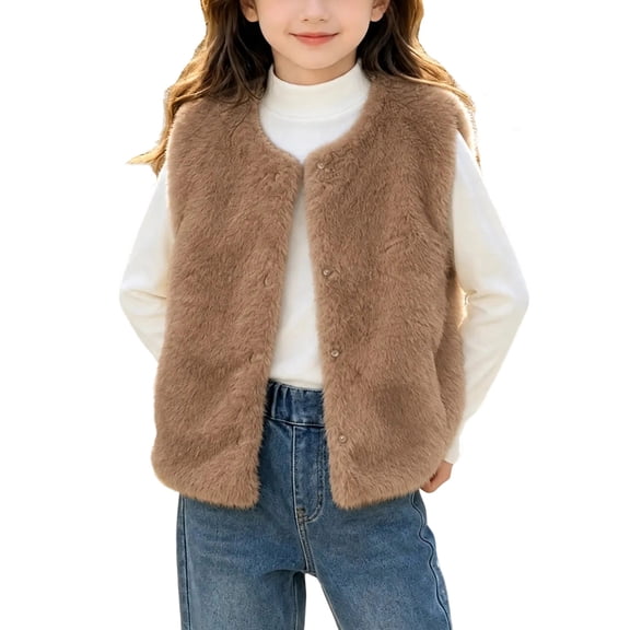 OGLCCG Girls Faux Fur Vest Kids Warm Winter Sleeveless Fuzzy Jacket Button Snap Open Front Soft Fluffy Waistcoat(Coffee,6-7 Years)