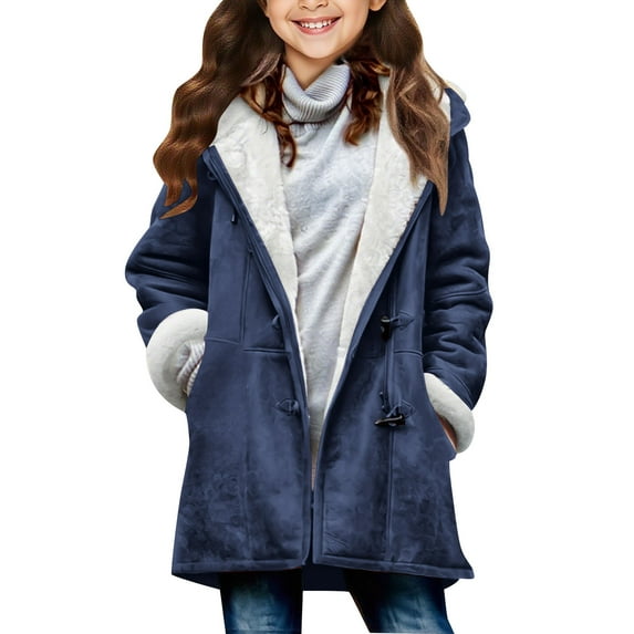 OGLCCG Girls' Faux Suede Jacket with Medium Length Sherpa Lined Hooded Winter Warm Coats Long Sleeve Button Up Fleece Jacket 5-14 Years