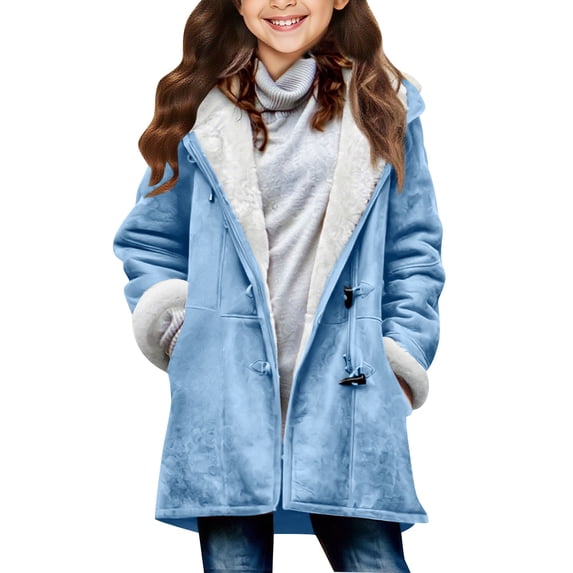 OGLCCG Girls' Faux Suede Jacket with Medium Length Sherpa Lined Hooded Winter Warm Coats Long Sleeve Button Up Fleece Jacket 5-14 Years