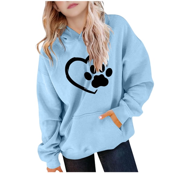 OGLCCG Girls Fleece Hoodie Heart Dog Paw Print Long Sleeve Hooded Sweatshirts Loose Fit Pullover Tops with Pocket for Daily Wear Size 2-14
