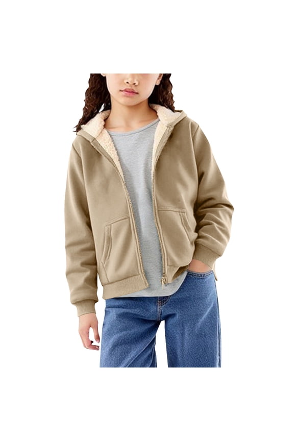 Girls Fleece Jacket Casual Winter Warm Sherpa Lined Zip Up Hooded Sweatshirt Outdoor Loose Kid's Hoodie Outerwear 9-14 Years