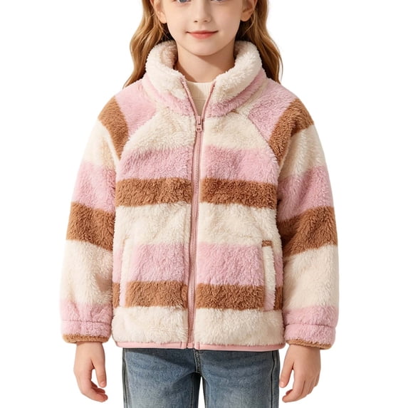 OGLCCG Girls Fleece Jacket Full Zip Plush Sherpa Faux Fur Winter Coat for Girls Warm Lightweight Cozy Teddy Coat with Pockets 2-10 Years