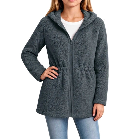 OGLCCG Girls Fleece Jacket with Hood Full Zip Fuzzy Sherpa Coat Long Sleeve Fall Winter Outwear with Pockets,Drawstring Waist(Gray,12-13 Years)